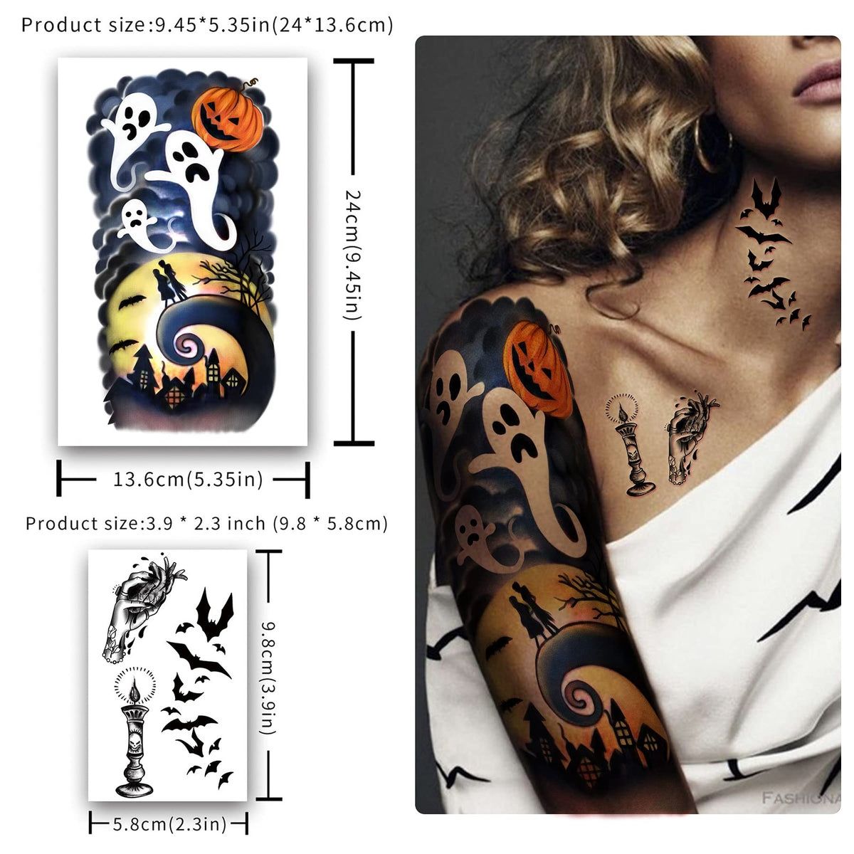 Halloween Temporary Tattoos Set - 40 Sheets Large Pumpkin Witch Designs