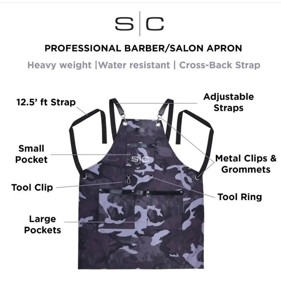 Heavyweight Barber Apron with Adjustable Cross-Back Straps and Multiple Pockets - Black Camo