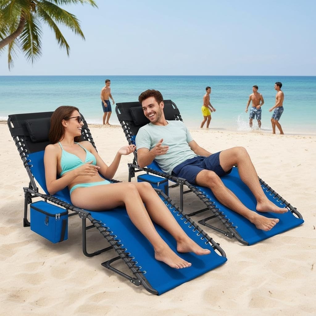 Outdoor Chaise Lounge Chairs with Adjustable Backrest & Side Pocket - Foldable, Heavy Duty Steel Frame