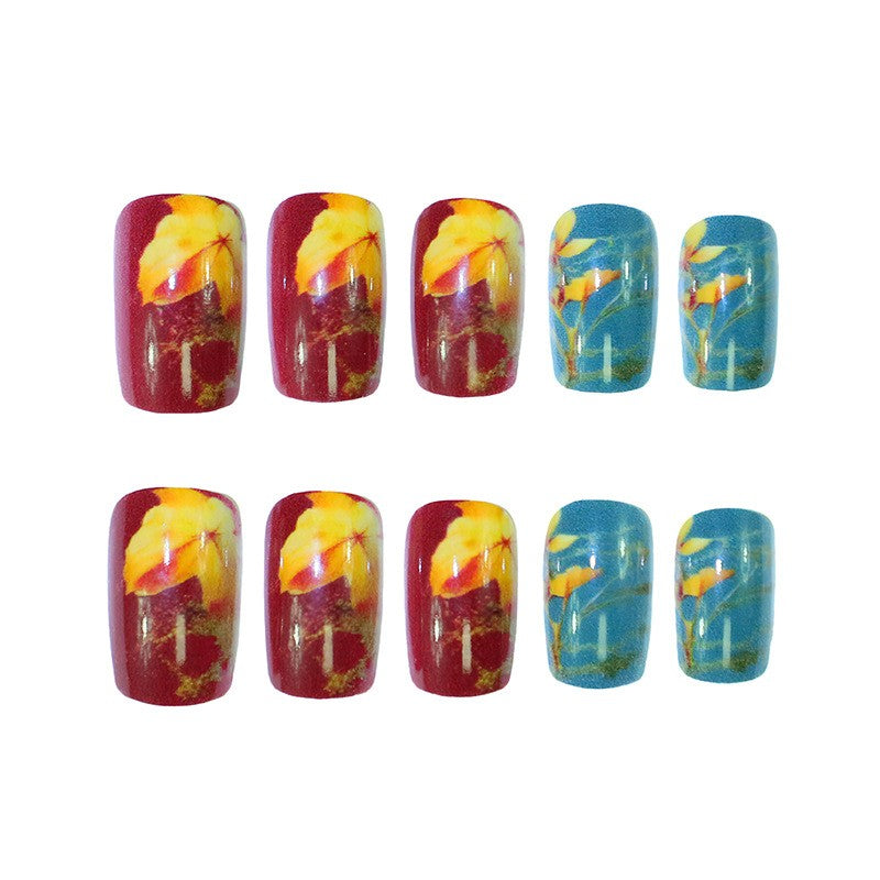 48pcs Short Square Press-On Nails with Dark Base and Gold Leaf Foil for Fall Nail Art