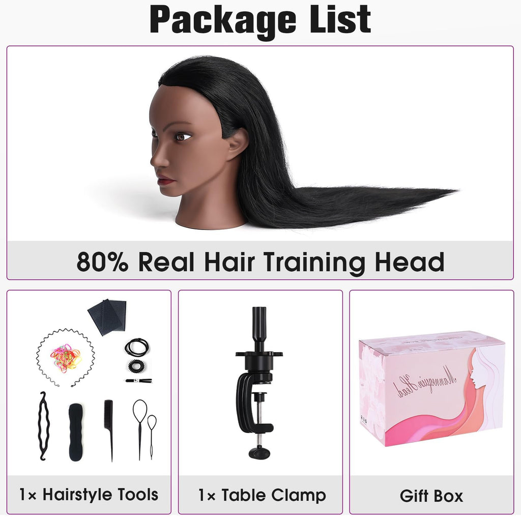 Professional Human Hair Mannequin Head for Hair Styling & Training, 26 Inch Black