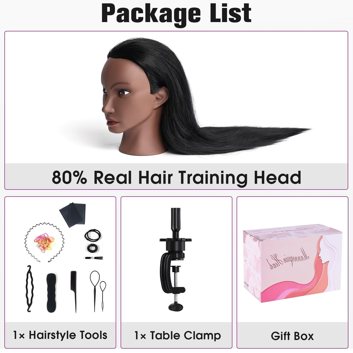 Professional Human Hair Mannequin Head for Hair Styling & Training, 26 Inch Black