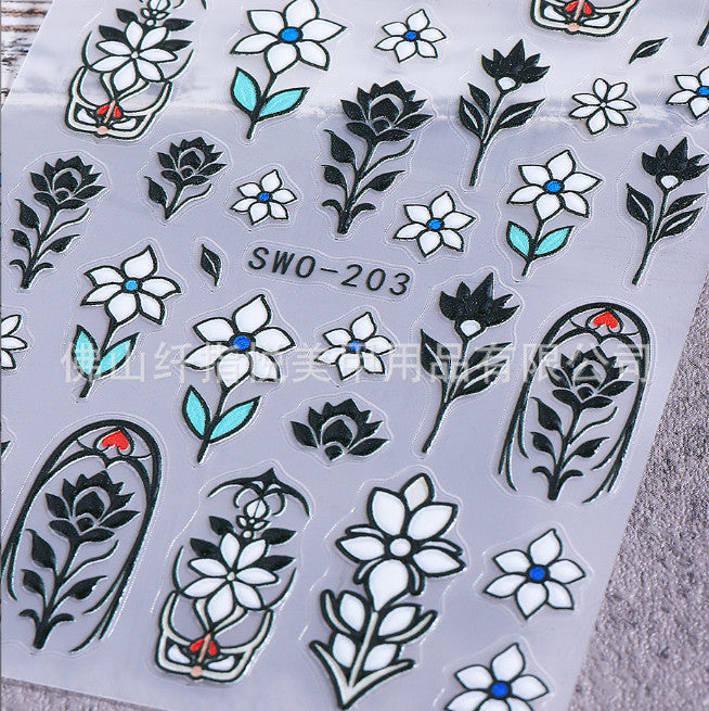 3D Floral Line Art & Stained Glass Style Flower Nail Art Stickers - Glitter Shine