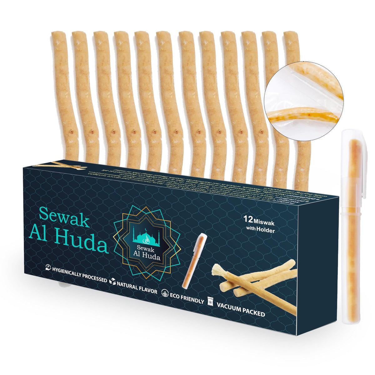 Natural Miswak Tooth Sticks with Holder - Pack of 12 for Oral Hygiene