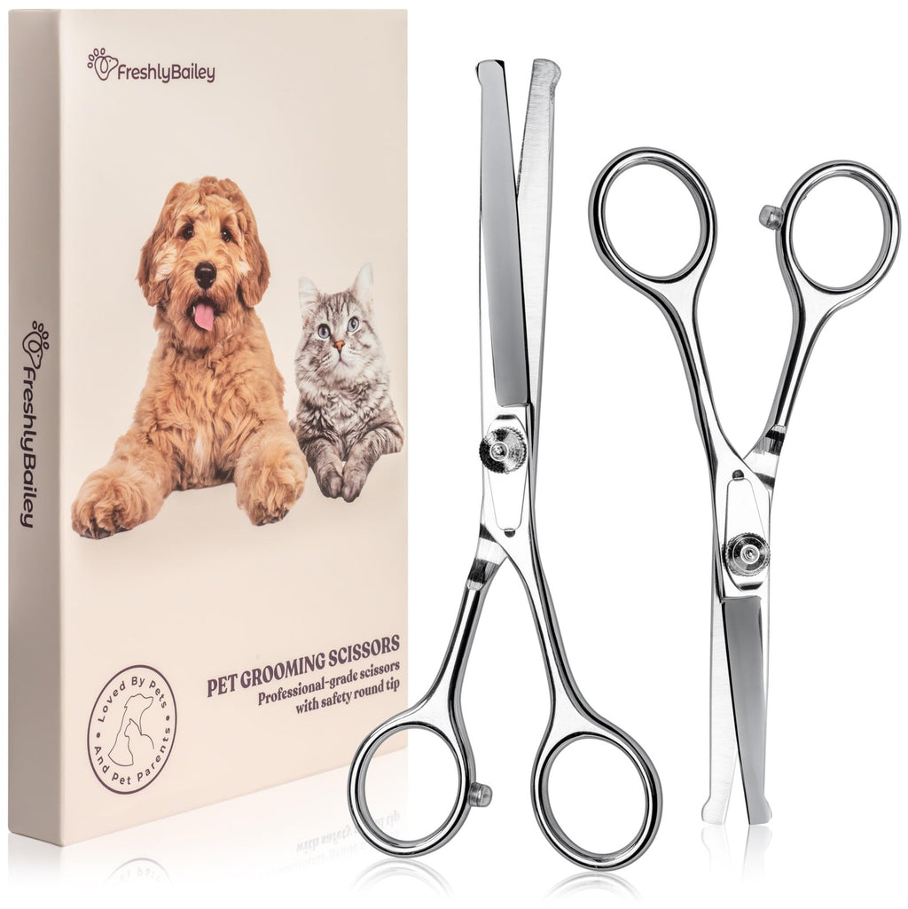 Pet Grooming Scissors Set with Round Tips for Dogs & Cats - Silver