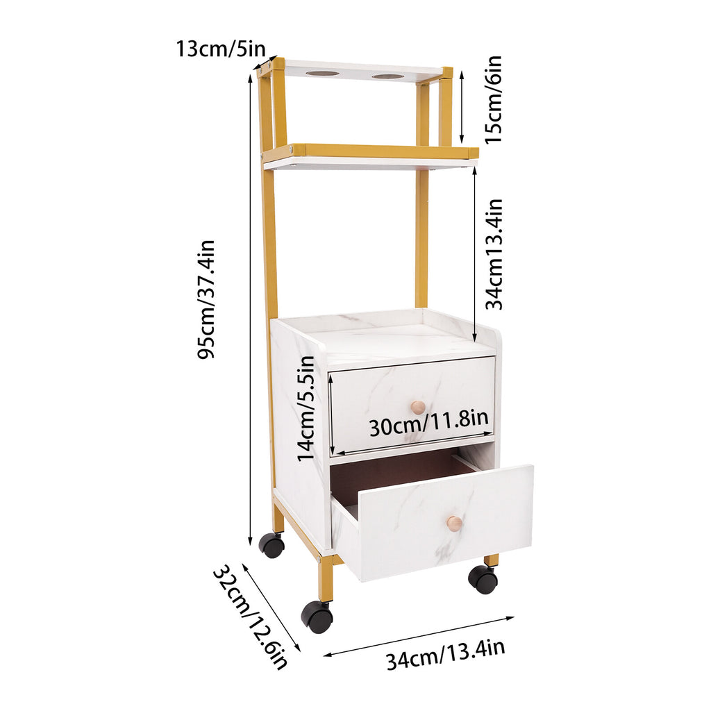 White Gold Barber Cart with 2 Drawers and Storage Rack - Salon Trolley with Wheels