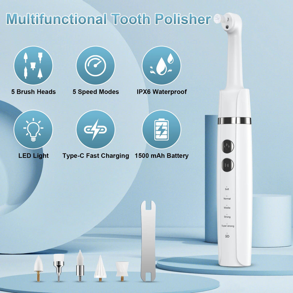 Electric Teeth Polisher with 5 Brush Heads & 5 Modes - IPX6 Waterproof, Type-C Fast Charge