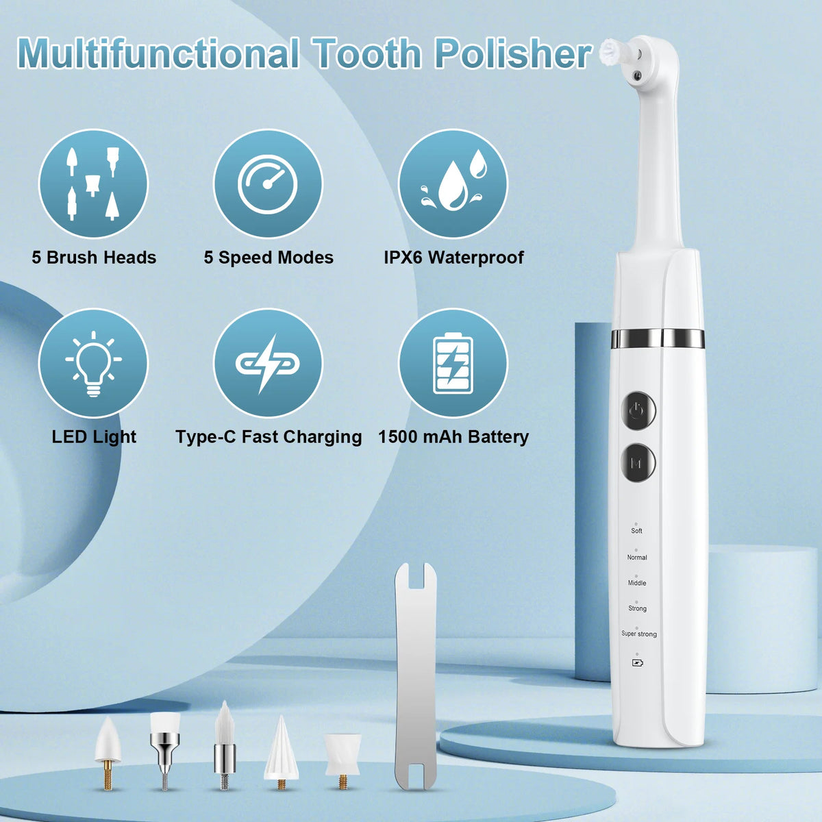 Electric Teeth Polisher with 5 Brush Heads & 5 Modes - IPX6 Waterproof, Type-C Fast Charge