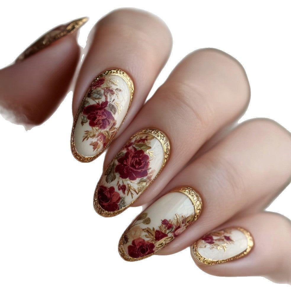 48P Short Almond Press-On Fake Nails with Red Rose Gold Trim - Glossy Nail Art