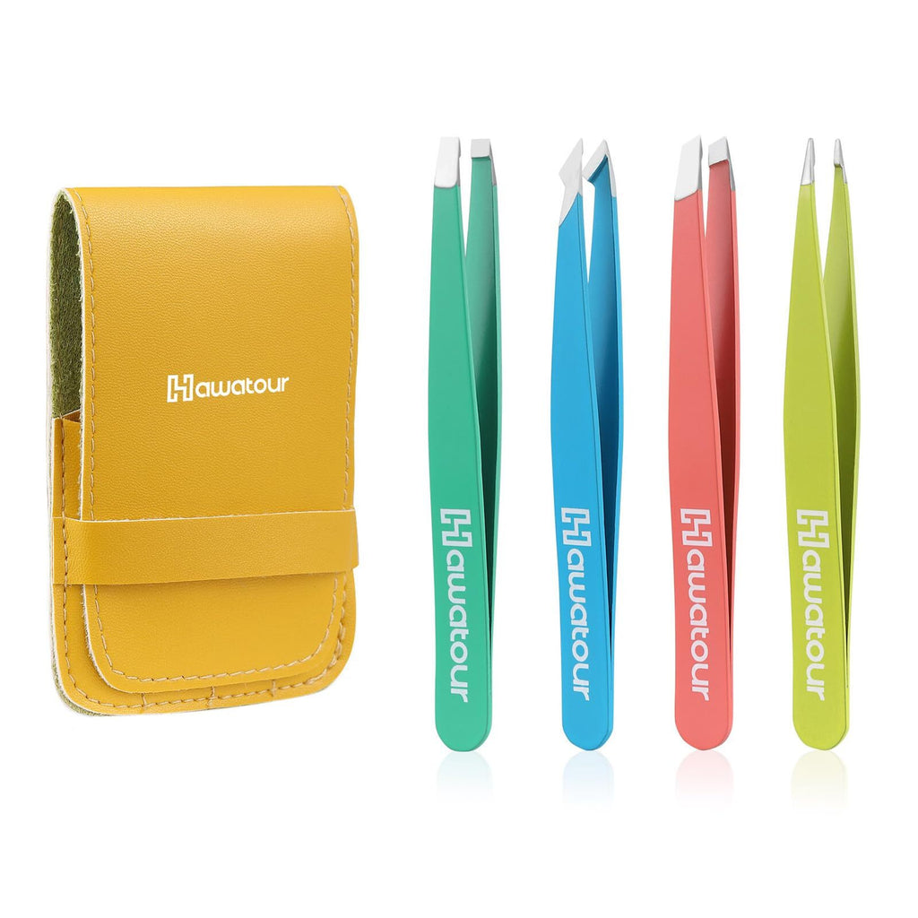 Precision Eyebrow Tweezers Set with Leather Case - 4 Pcs for Facial Hair & Grooming