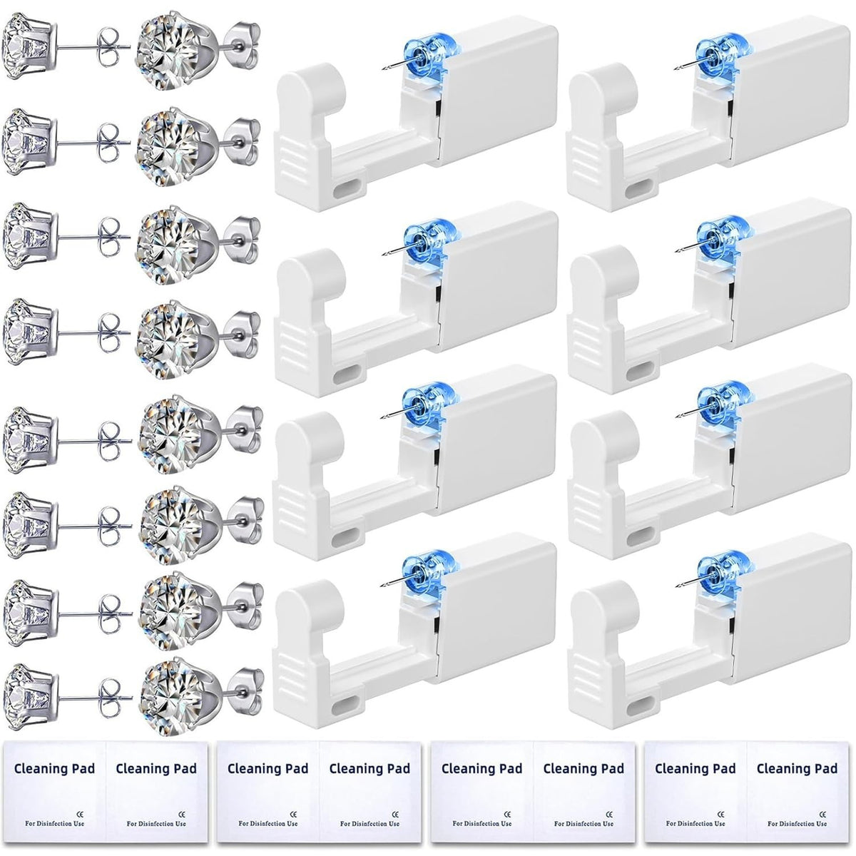 Ear Piercing Kit with 8 Autodestroy Pistols and Cubic Zirconia Earrings