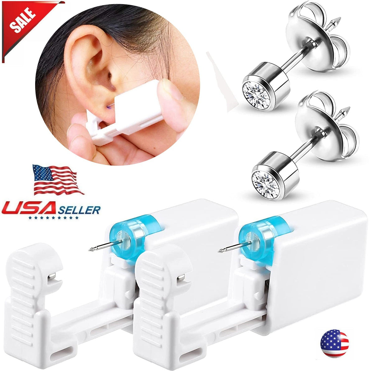 Disposable Self Ear Piercing Gun Kit – 2 or 4 Pack with Ear Studs & Nose Ring
