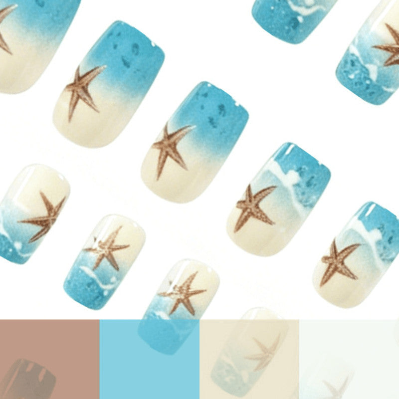 48pcs Short Square Press-On Nails with Blue Wave & Starfish Beach Design
