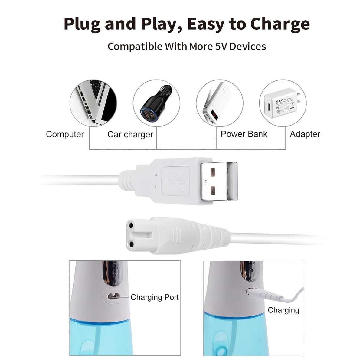 USB Charging Cable for Portable Water Flossers - Compatible with Nicwell Fairywill Aquasonic