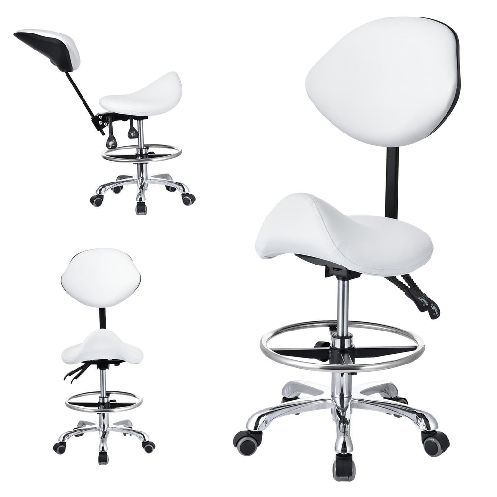 Adjustable PU Leather Bar Stool with Wheels & Backrest - White