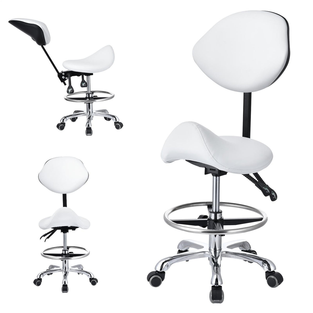 Adjustable PU Leather Bar Stool with Wheels & Backrest - White