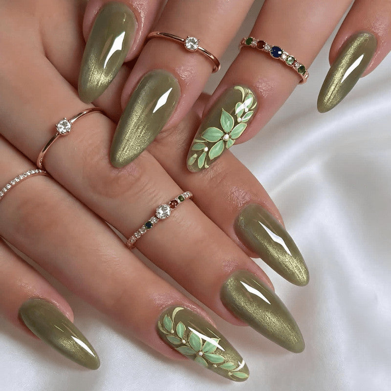 48Pcs Long Almond Green Cat Eye Floral Pearl Fake Press-On Nails Set