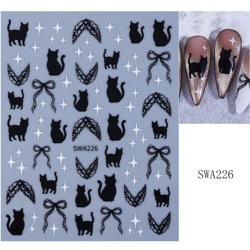 Black Cat Nail Art Stickers - Self-Adhesive Cat & Bow Decals for Nails