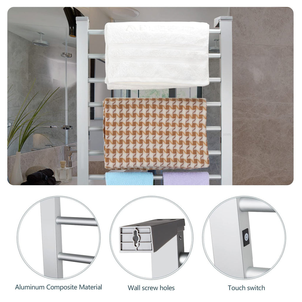 Electric Towel Warmer 8-Bar Aluminum Floor & Wall Mount with Timer