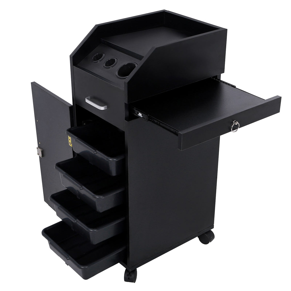 Rolling Hair Salon Station Locking Cabinet with 4 Drawers & 3 Tool Holes