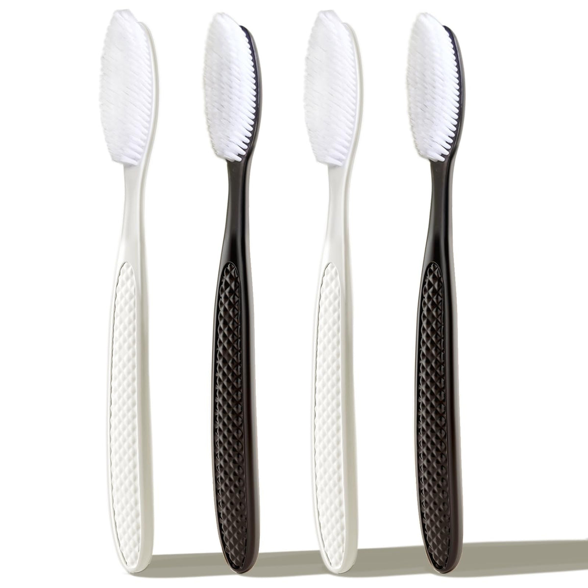 Long Head Toothbrush 4-Pack - Hard Charcoal Bristles for Whitening & Plaque Removal