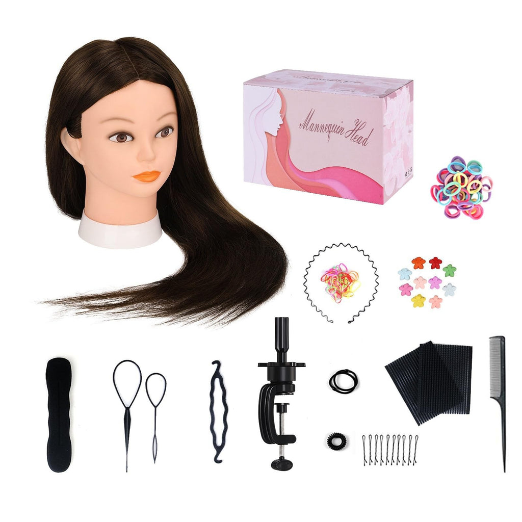 70% Human Hair Mannequin Head 26 Inch Dark Brown for Hair Styling & Practice