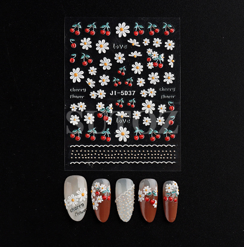 White Red Daisy Flower Cherry Nail Stickers for Manicure - Embossed Decals