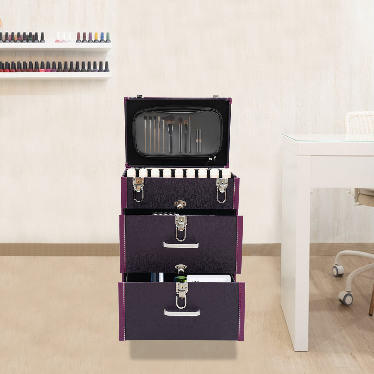 Large Waterproof Rolling Makeup Case Trolley with Multiple Compartments
