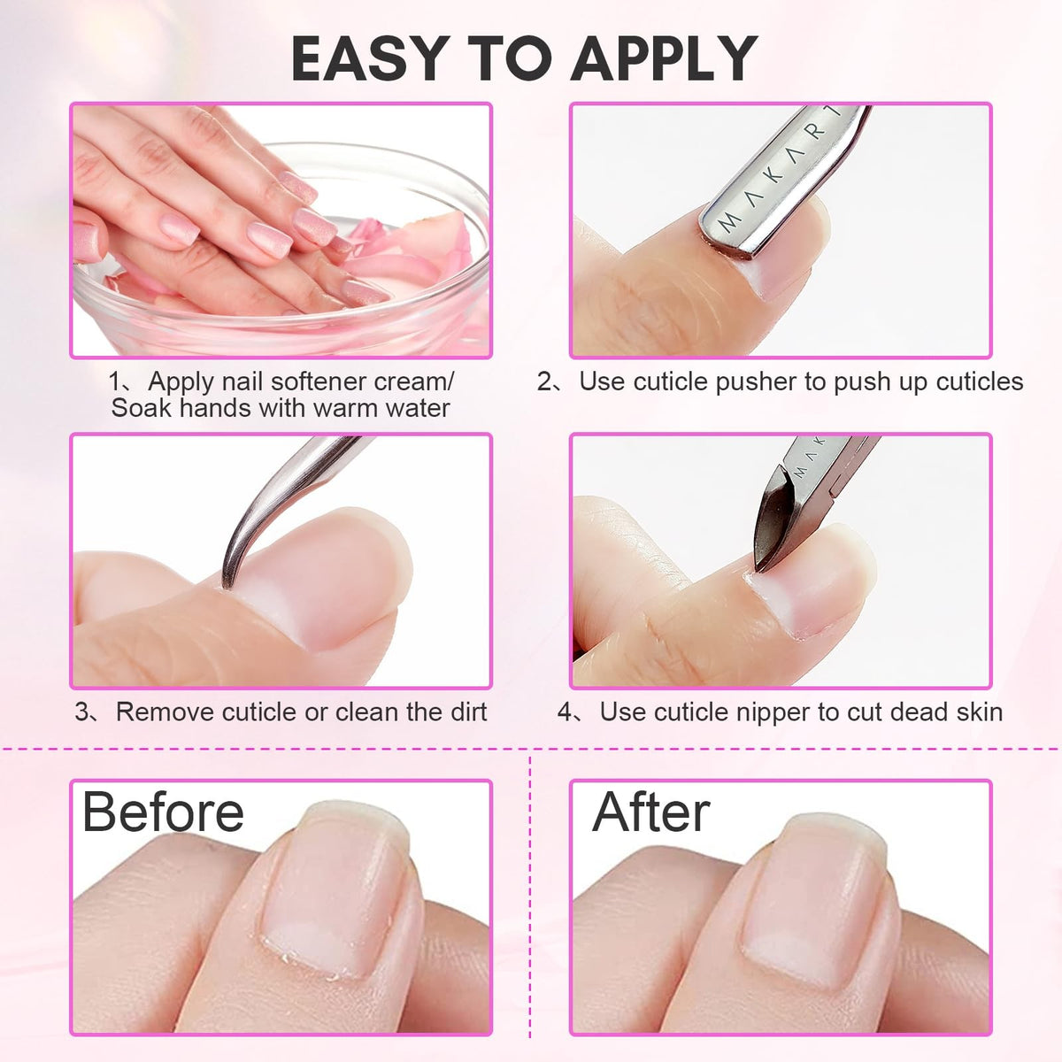 3-Piece Pink Nail Cuticle Nipper Set with Pusher - Stainless Steel Manicure Tools