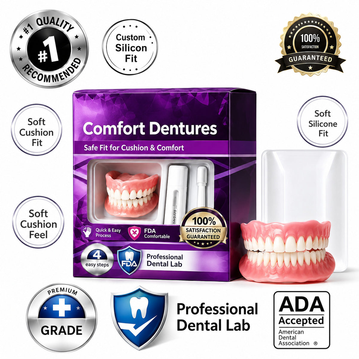 Full Set Natural Silicone Dentures Upper & Lower Comfort Fit - Cosmetic Tooth Replacement