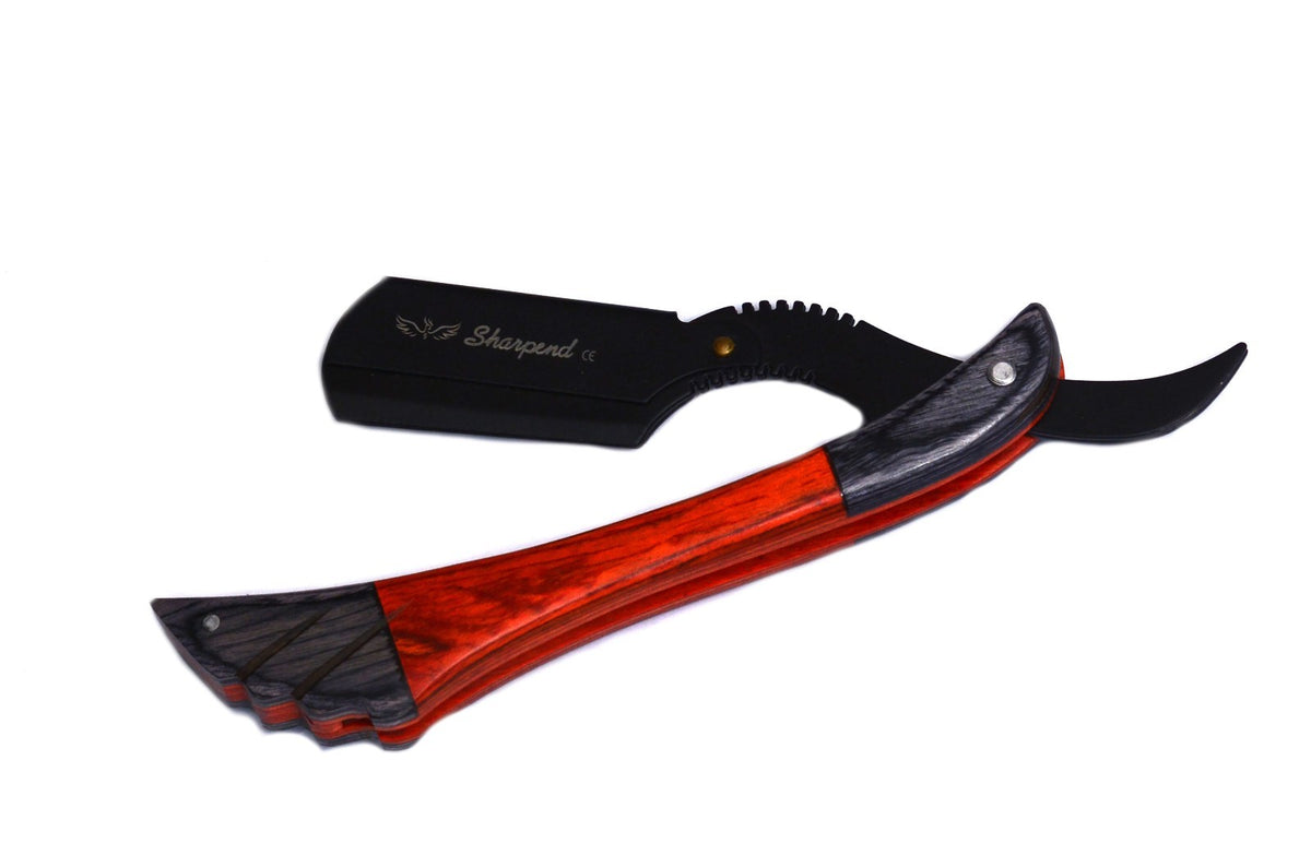 Wood Handle Straight Edge Barber Razor with 10 Blades - Folding Shaving Knife