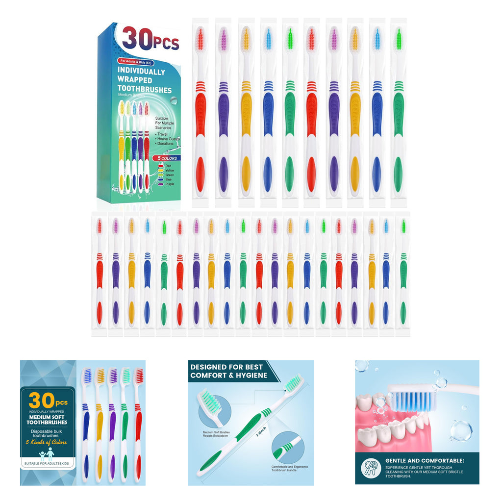 Disposable Toothbrush Pack 30 Individually Wrapped Bulk Oral Hygiene