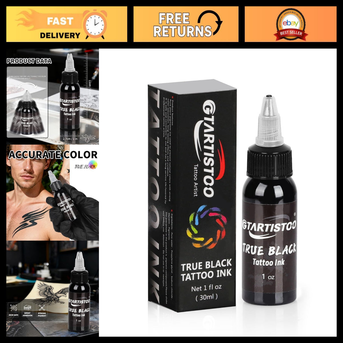 Professional Black Tattoo Ink 1oz (30ml) - Fast-Flowing, Deep Solid Black