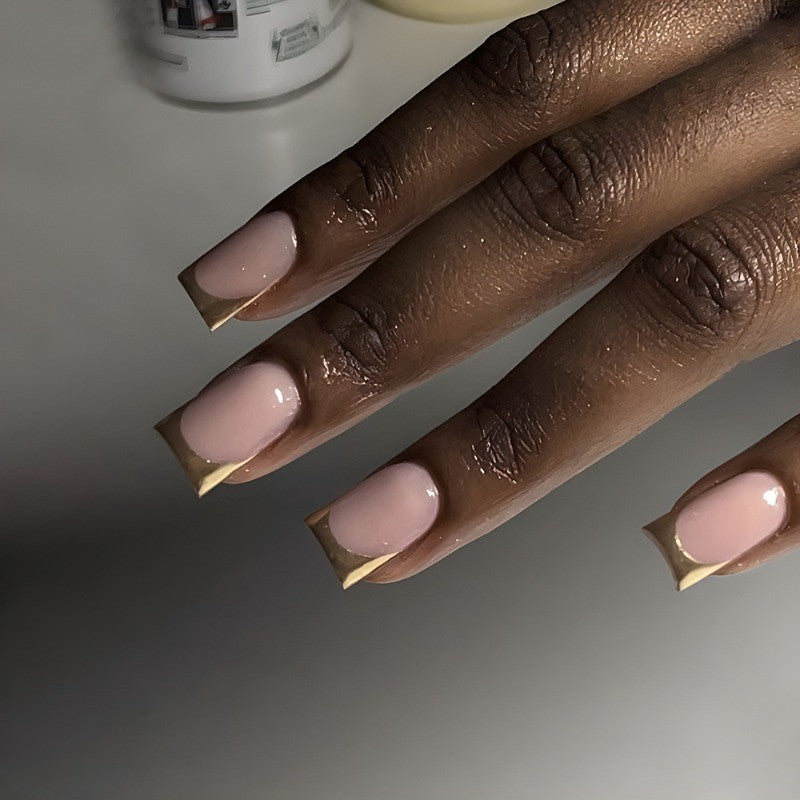 48Pcs Short Square Nude Metallic Gold French Tip Press-On Nails