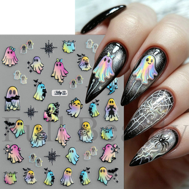 Rainbow Ghost Bat Cat Halloween Nail Stickers 2 Sheets 3D Embossed Decals