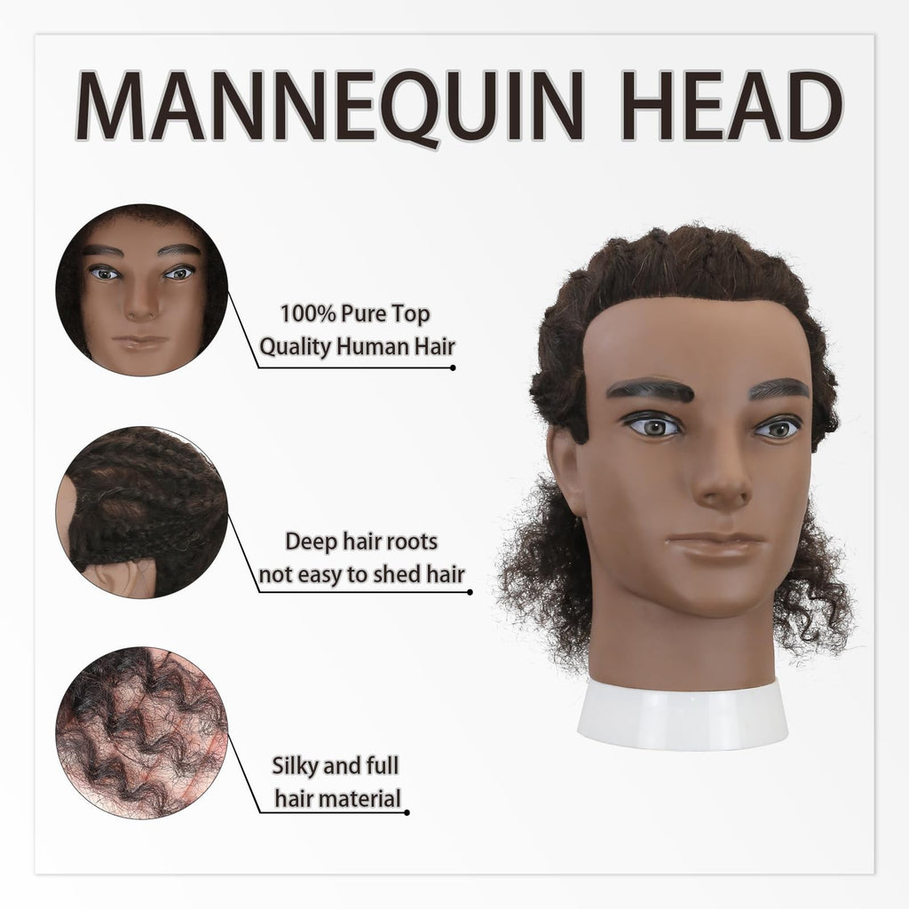 Male Afro Kinky Curly Mannequin Head with Human Hair and Stand for Salon Styling