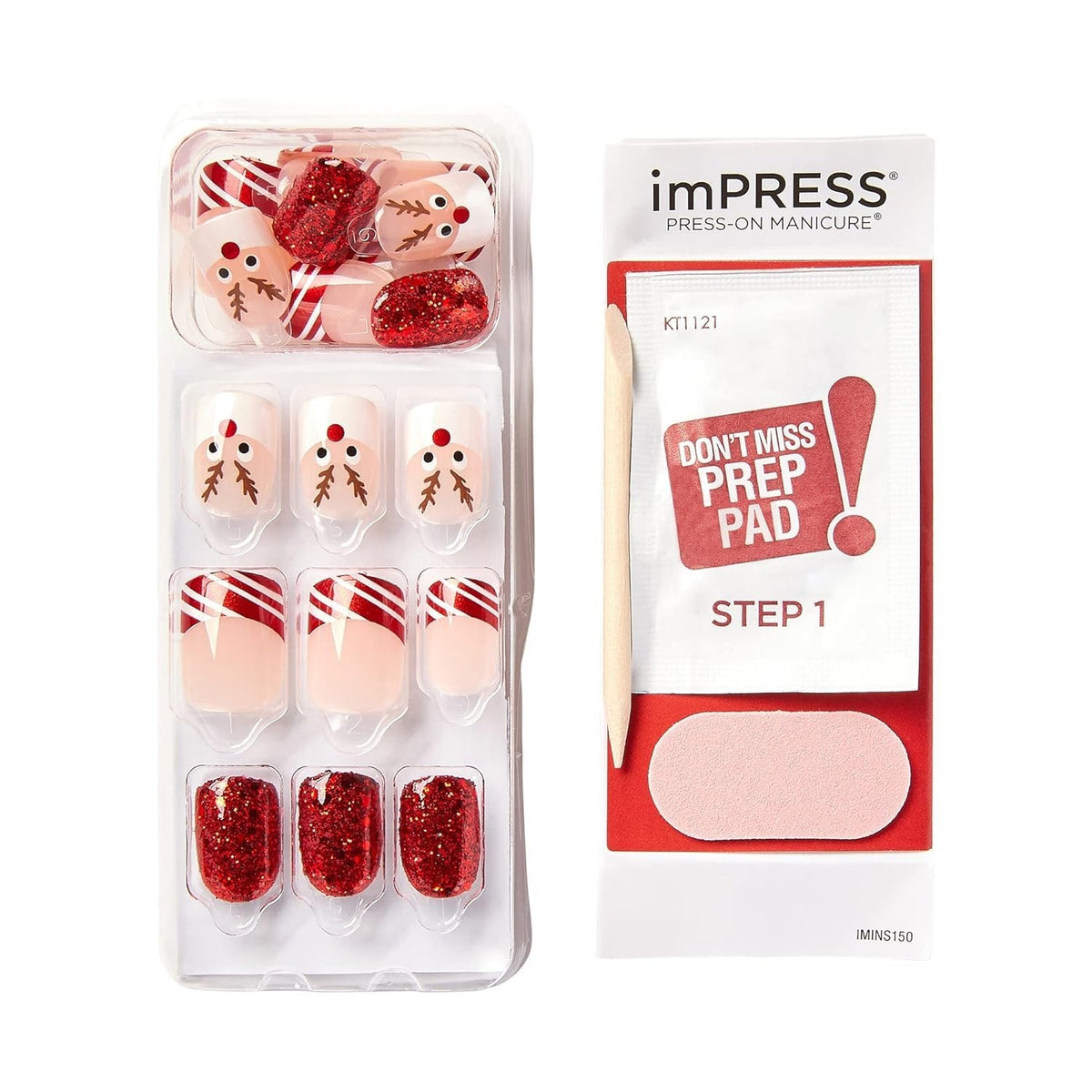 Press On Holiday Nails Reindeer & Candy Cane Design No Glue Short Manicure