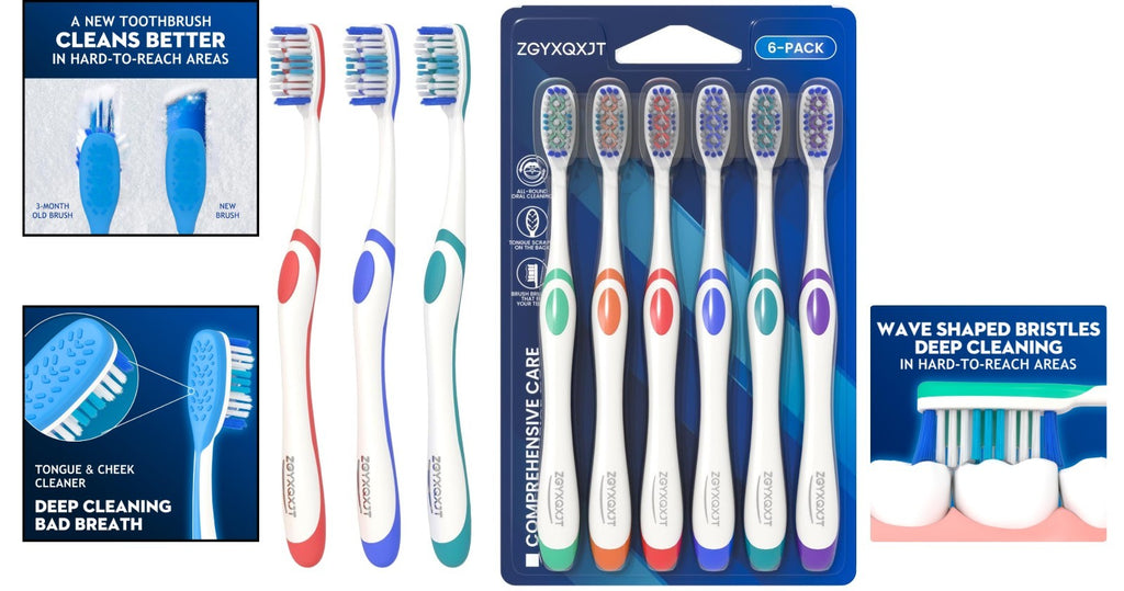 Multi-Color Deep Cleansing Toothbrush Set with Wave-Shaped Bristles – 6 Pack