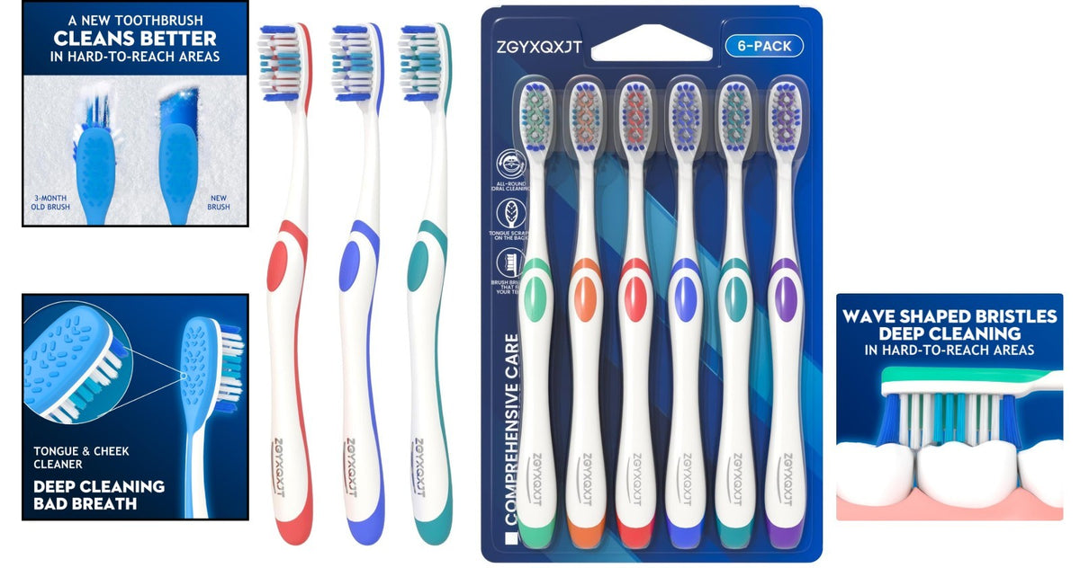 Multi-Color Deep Cleansing Toothbrush Set with Wave-Shaped Bristles – 6 Pack
