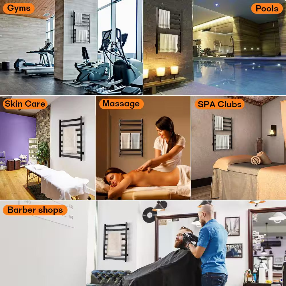 Electric Wall-Mounted Towel Warmer with 8 Bars - Black, Plug-In & Hardwired