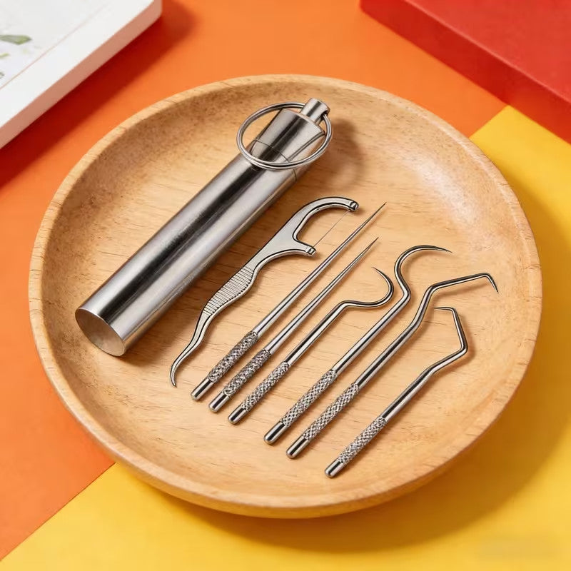 Set of 7 Stainless Steel Toothpicks with Keychain Holder - Reusable Portable Oral Care