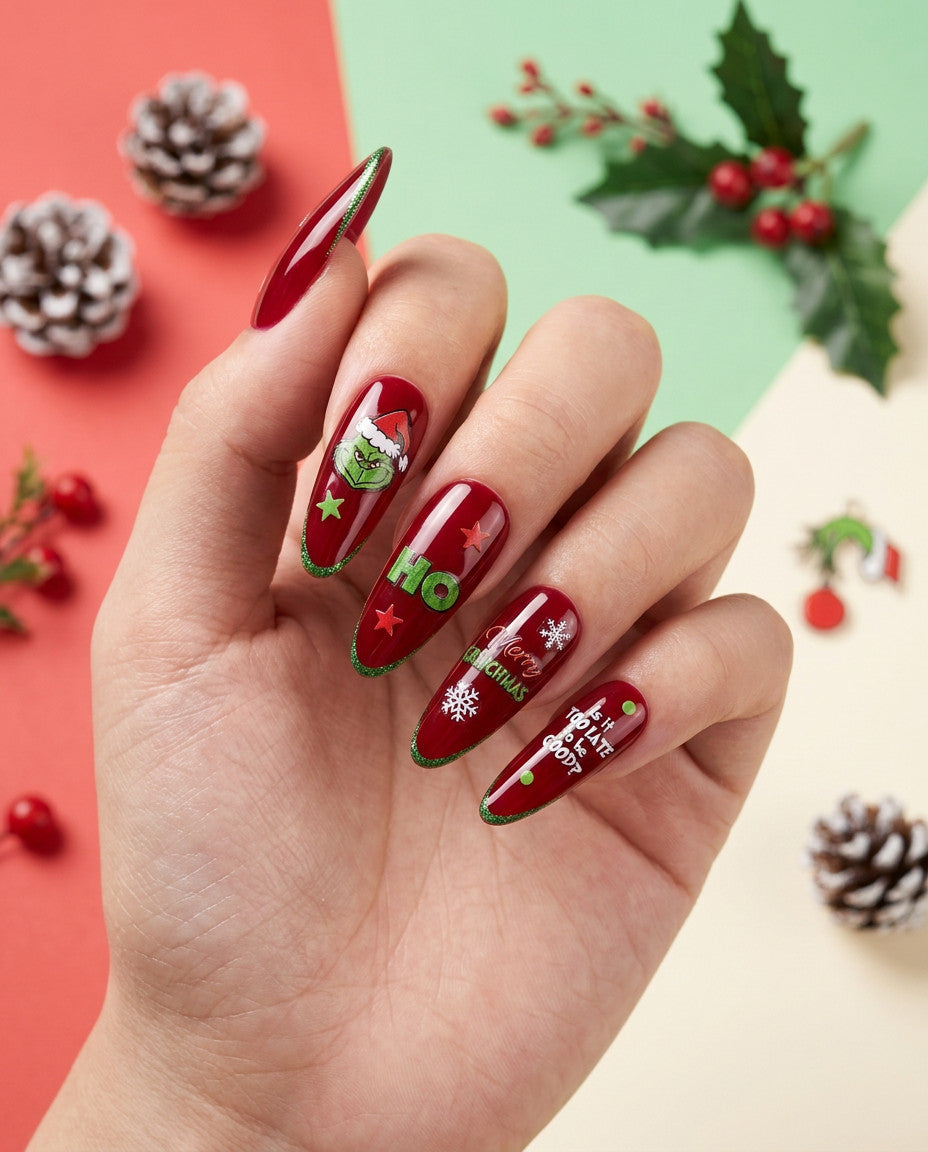 3D Grinch Christmas Nail Art Stickers - Holiday Nail Decals for Festive Nails