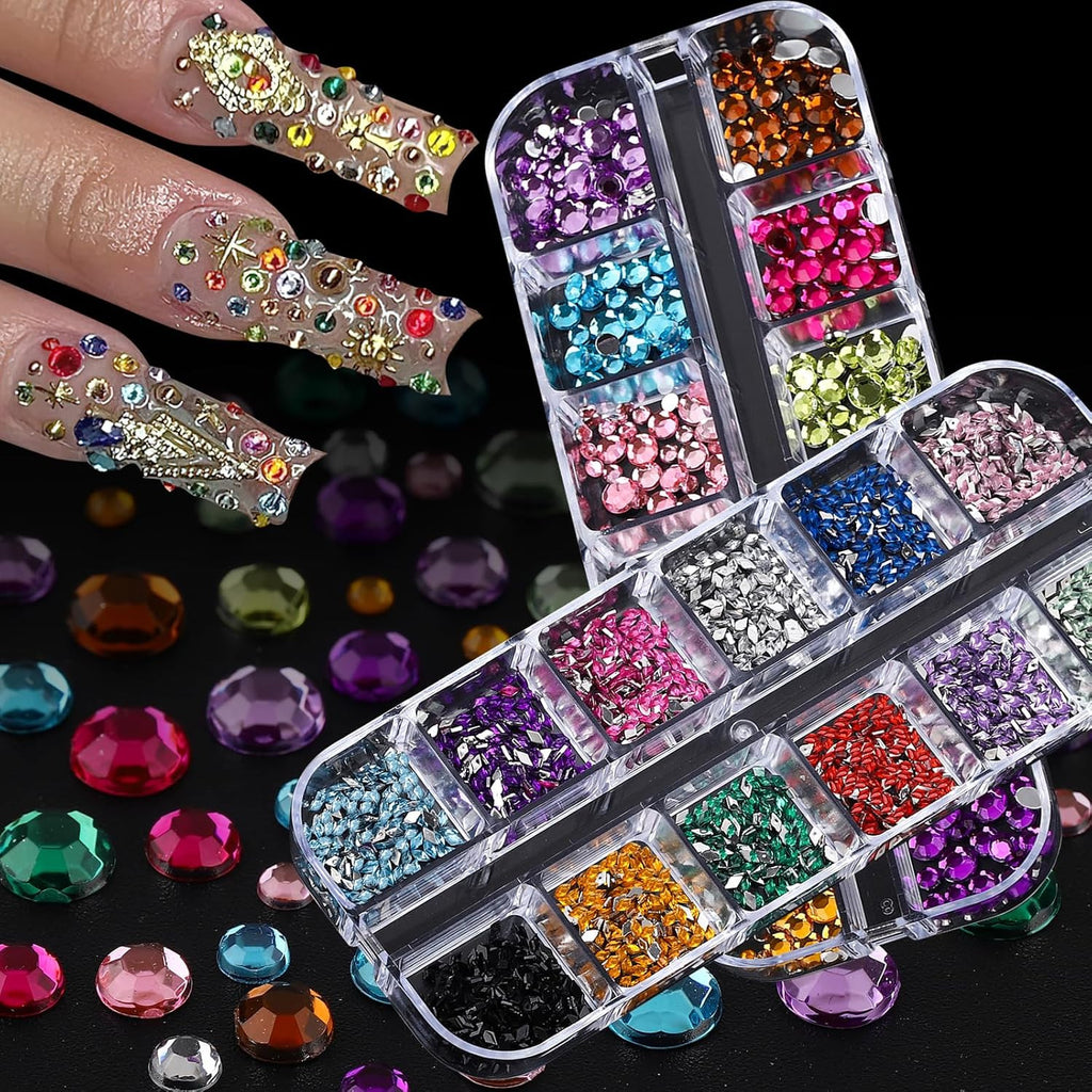 Colorful Crystal Rhinestones Nail Gems Set with Multi Shape Flat Back Charms - 2mm