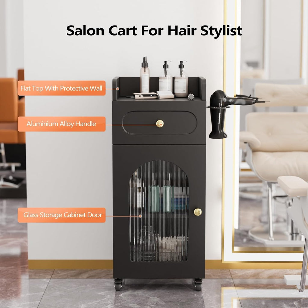 Salon Trolley Cart with Glass Door, Mobile Storage Cabinet with Wheels