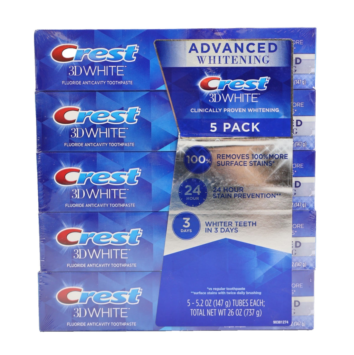 Whitening Toothpaste Pack of 5 - Crest 3D White Advanced 5.2 oz