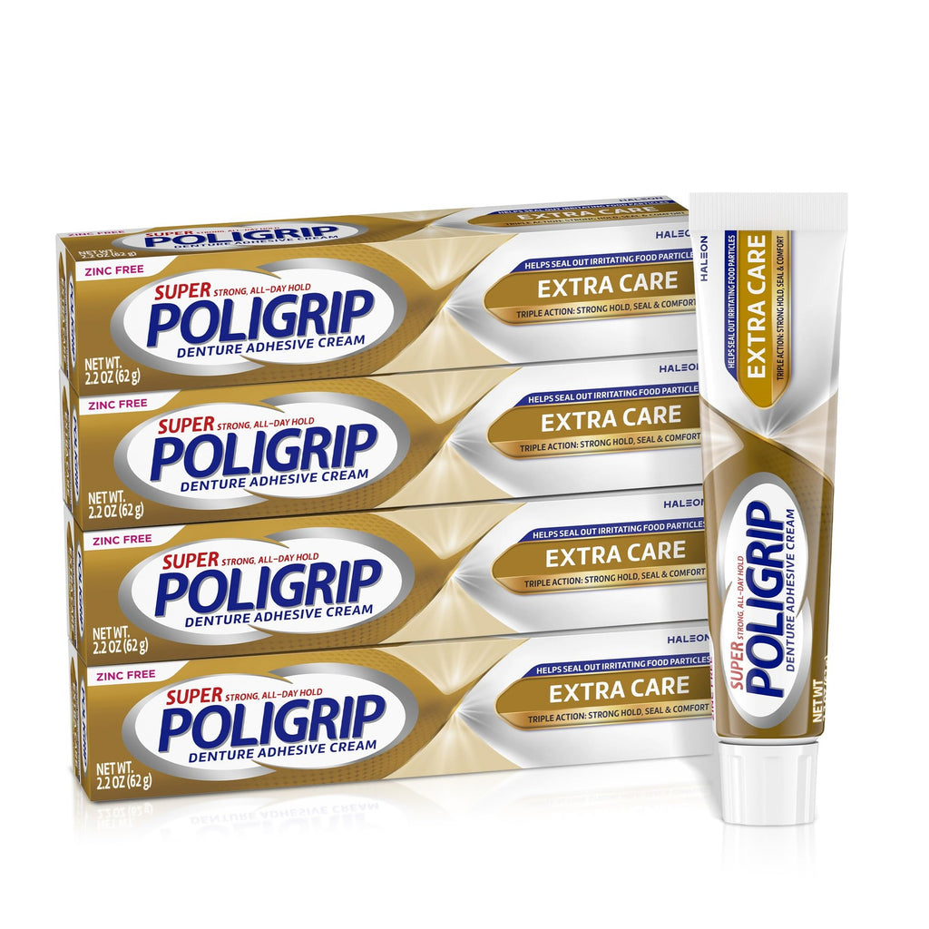 Zinc-Free Denture Adhesive Cream - Extra Care, 2.2 oz Tubes, Strong All-Day Hold