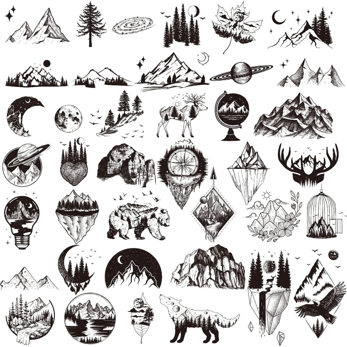 Mountain Themed Temporary Tattoos – 30 Sheets, 4.13 x 2.36 in, For Men Women & Kids