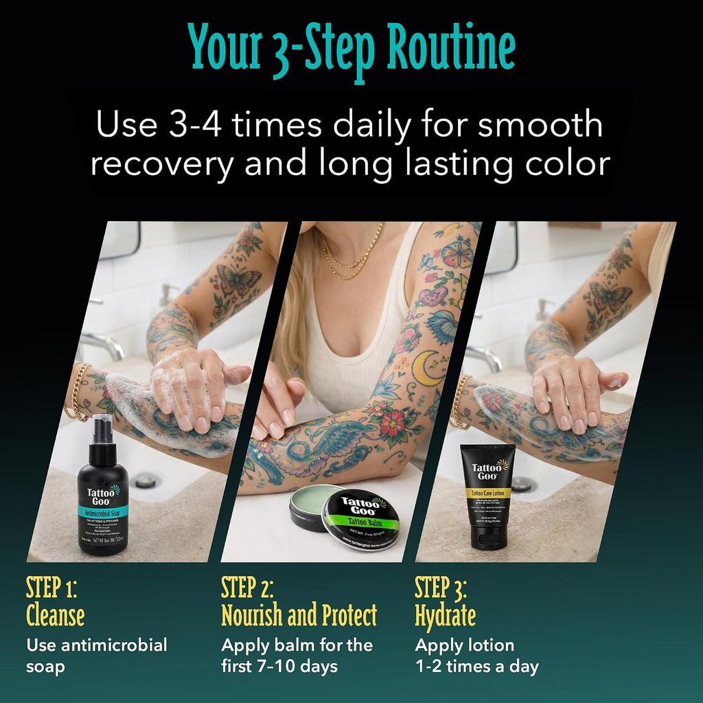 Tattoo Aftercare Kit - 3-Piece Set with Antimicrobial Soap, Balm & Lotion