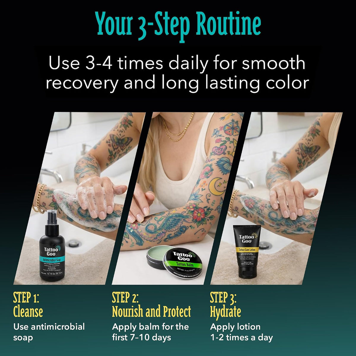 Tattoo Aftercare Kit - 3-Piece Set with Antimicrobial Soap, Balm & Lotion