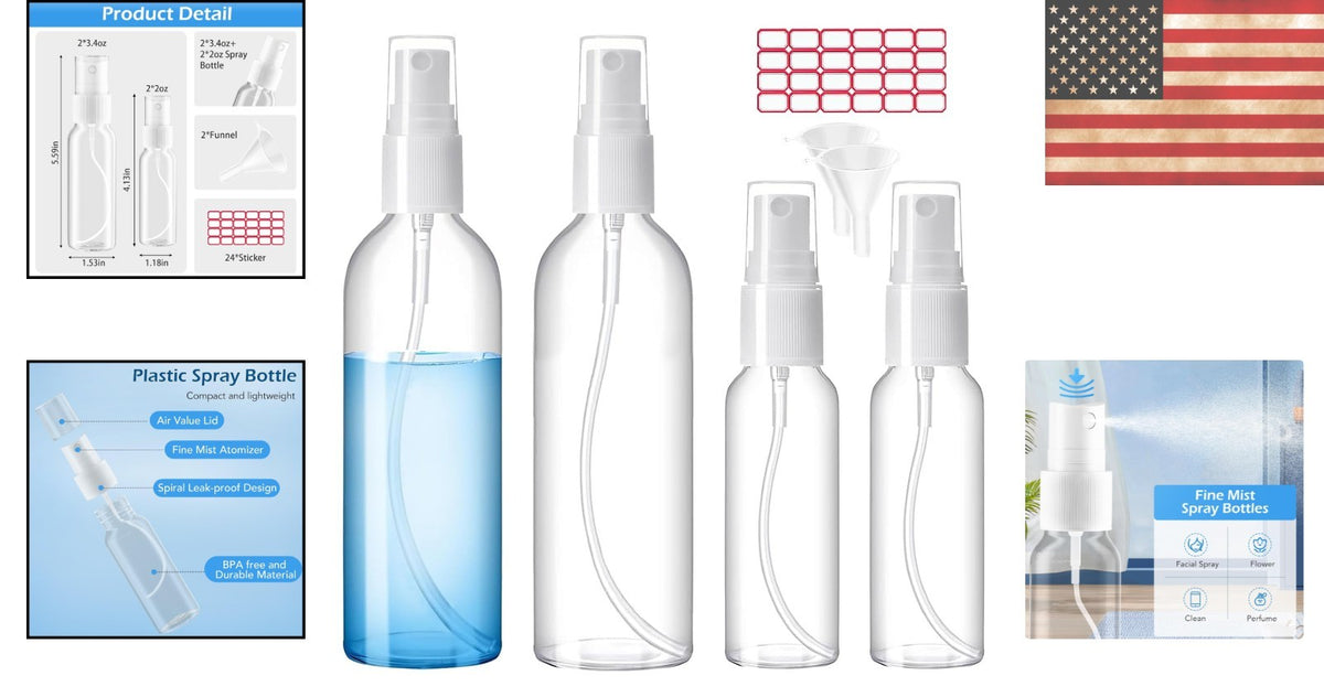 Travel Spray Bottle Set - Refillable 2oz & 3.4oz Fine Mist Containers